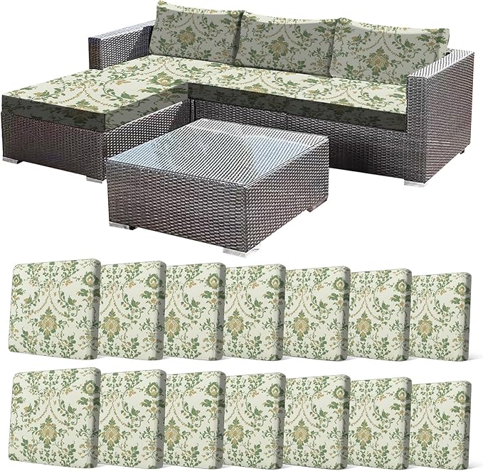 CALBODE 14 Pcs Stretch Outdoor Seat Cushion Covers, Washable Chair Seat Cover for Patio Furniture Cushions Soft Indoor and Outdoor Couch Cover Replacement (Green Vines, Cover Only)