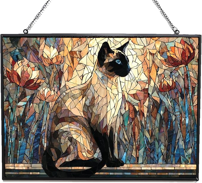 Customized Rectangle Mosaic Siamese Cat On Windowsill Stained Glass Window Hanging Sun Catcher Halloween Haning Ornament Decoration Christmas Birthday Gifts for Lover, Friends