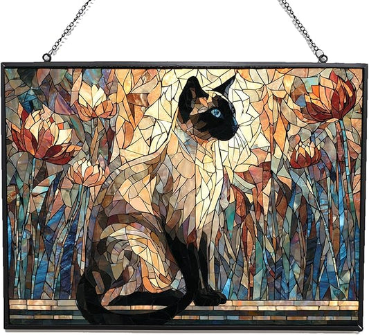 Rectangle Mosaic Siamese Cat On Windowsill Stained Glass Window Hanging Sun Catcher Halloween Haning Ornament Decoration Christmas Birthday Gifts for Lover, Friends