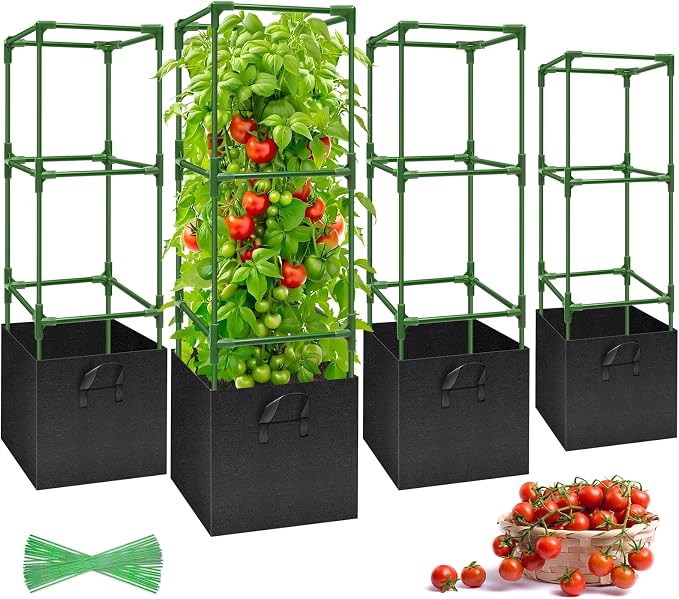Legigo 4 Pack Tomato Cages with 17 Gallon Grow Bags- 47 Inch Square Tomato Cages for Garden, Heavy-Duty Tomato Stakes Plant Support Cages Trellis for Garden Vertical Climbing Plants Vegetables