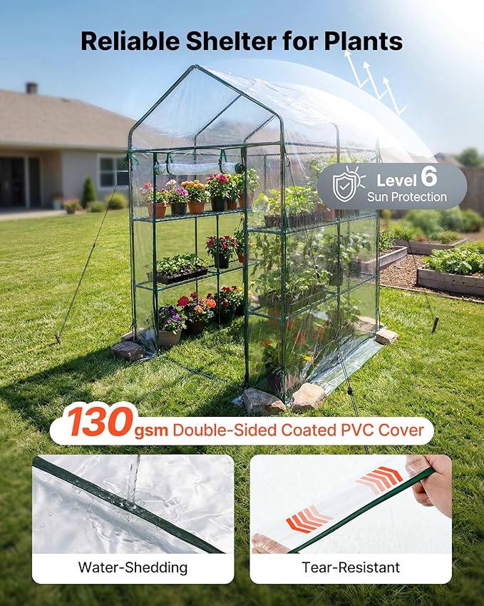 VEVOR Walk-in Greenhouse, 54" x 54" x 77.2" Greenhouse for Outdoors with PVC Cover, 2 Tiers 10 Shelves, Roll-Up Zipper Door, Walk in Green House, Portable Plant Garden Hot House for Backyard Outside
