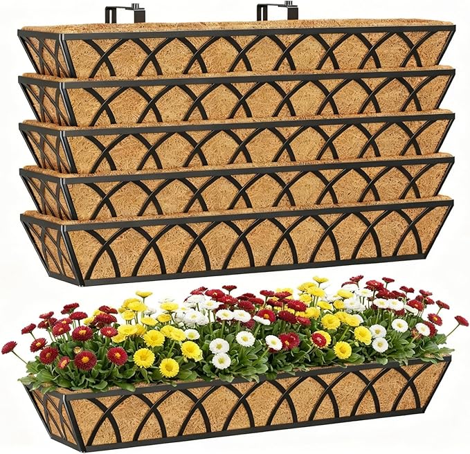 Y&M 6 Pack Hanging Railing Planter Boxes, 30 Inch Adjustable Balcony & Deck Planter, Heavy Duty Metal Flower Box for Porch, Fence & Window, Outdoor Plant Holder