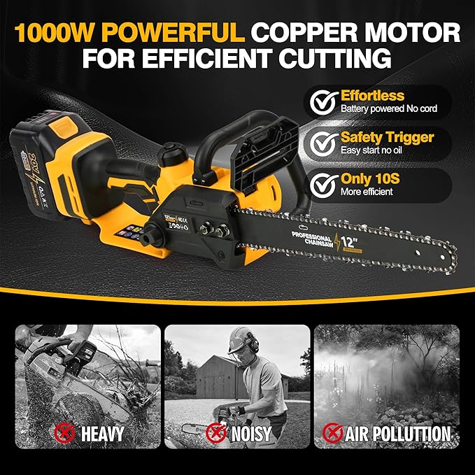 12" Electric Chainsaw Cordless, 20V Battery Powered Cordless Chain Saw, Chainsaw with 2 x 4.0Ah Lithium ion Battery and Charger for Wood Cutting, Tree Saw Trimming and Branch Pruning