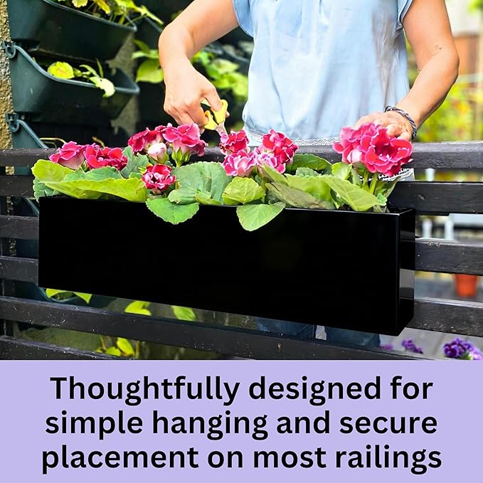 LaLaGreen Railing Planter Box (24 Inch, 2 Pack) Black Metal Rectangular Hanging Flower Boxes with Brackets, Deck Railings Planters for Outdoor Plants Fence Over Rail Balcony Patio Porch Stylish Garden