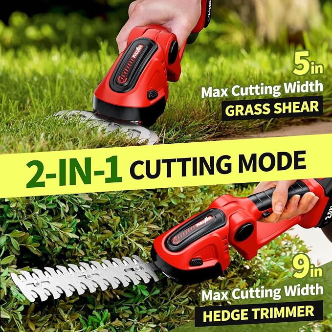 FULLYEA Cordless Hedge Trimmer & Grass Shears, 2-in-1 Electric Shrub Trimmer/Grass Trimmer with 2 Batteries, Handheld Grass Cutter Bush Trimmer, Battery Powered Hedge Trimmer for Garden,Lawn,Yard