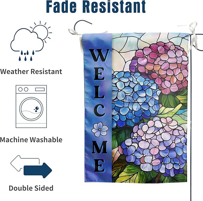 Hydrangea Spring Summer House Flag 28 x 40 Double Sided for Outside Stained Glass Flower Garden Decor Blue Floral Welcome Outdoor Yard Banner