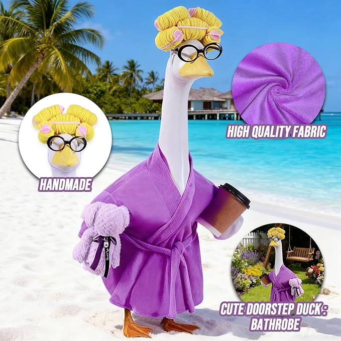 Lady Porch Goose Outfits,Bathrobe Porch Goose Statue Costume with Curlers Reading Glasses Coffee Cup Towel, Cute Goose Clothes for 23-Inch Cement Statue, Lawn Yard Garden Patio Decor(Dark Purple)