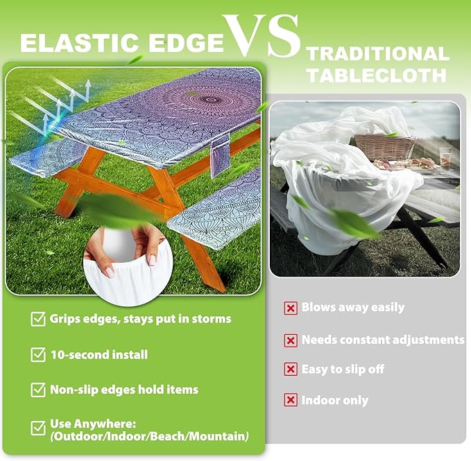 Picnic Table Cover with Bench Covers Vinyl Elastic Edges Fitted Rectangle Seat Tables Waterproof 3-Piece96X30in Set Outdoor Rectangular Folding Backing Tablecloth for Camping Over Size