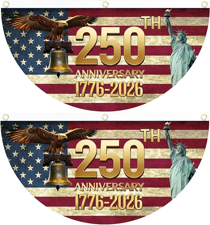 2PCS USA Anniversary 250th Flag, 1.5X3 FT Anniversary Fan Flags, Yard Signs Hanging Decor for Outdoor, Front Door, Porch, Welcome Backdrop with Brass Grommets (Style 2)