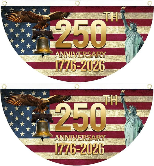 2PCS USA Anniversary 250th Flag, 1.5X3 FT Anniversary Fan Flags, Yard Signs Hanging Decor for Outdoor, Front Door, Porch, Welcome Backdrop with Brass Grommets (Style 2)