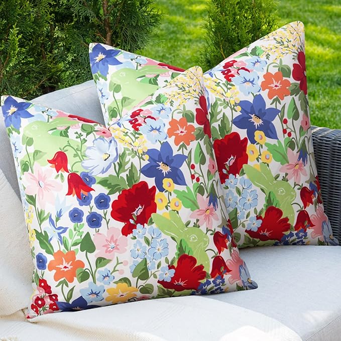 Adabana Spring Outdoor Waterproof Floral Pillow Covers Set of 2 Square Colorful Couch Cushion Cases 16x16 Inch Waterproof Decorative Pillows for Patio Garden Beach,Colorful