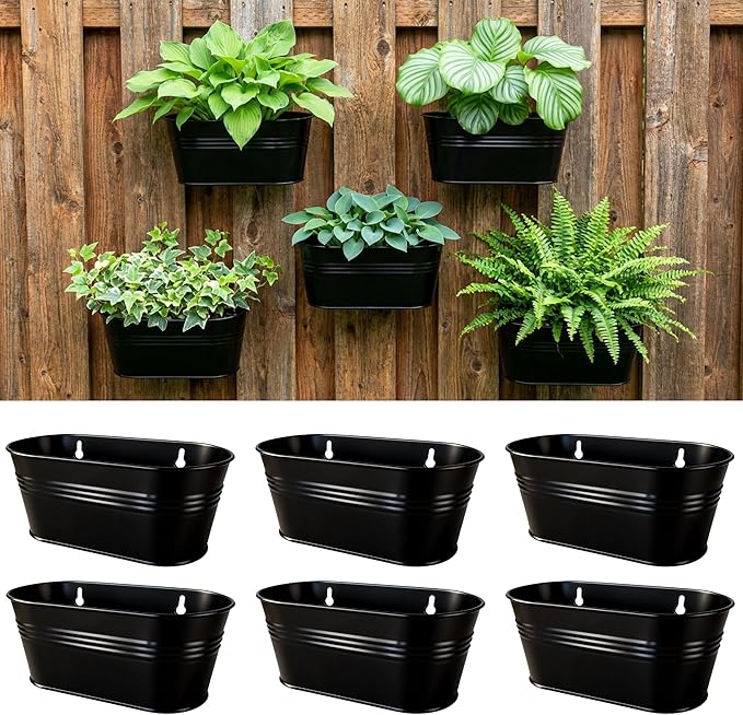 LaLaGreen Wall Planter (9.8 Inch, 6 Pack) Black Oval Metal Pot Hanging Decor Flower Railing Fence Pots Mounted Indoor Plant Holder Porch Decorations Drainage Garden Plants Planters Balcony Home Yard