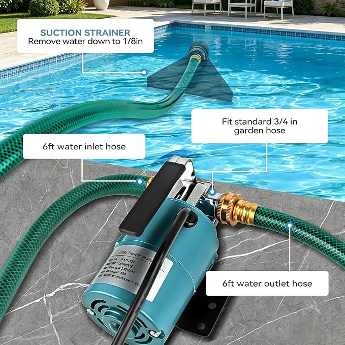 Water Transfer Pump, 115V 1/10HP Electric Utility Pump with On/Off Switch 2*6 ft Water Hoses Kit for Removing Water from Garden Pool Aquariums Hot Tub Draining 1/8’’ Low Suction for Rain Barrel (Blue)