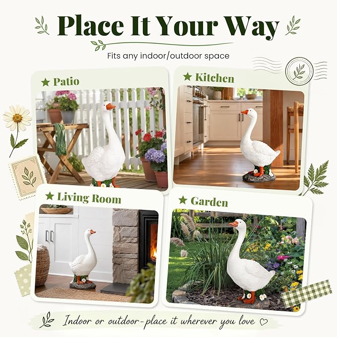 GIGALUMI 19" Large Porch Goose Statue, Durable Resin Garden Decor, Hand-Painted Animal Sculpture Indoor Outdoor, Patio Lawn Yard Art Ornaments, Birthday Housewarming Gift for Women Mom Grandma Friends