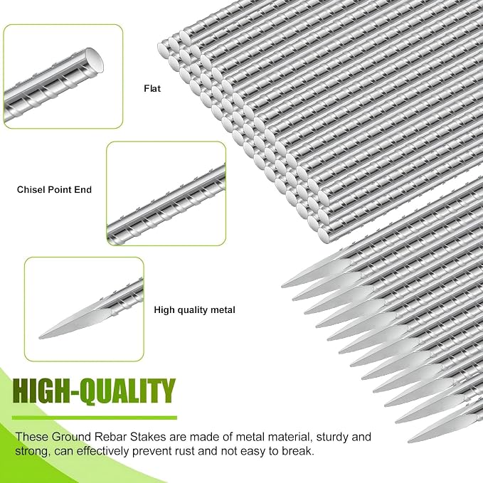 Gisafai 24 Pcs 12 Inch Ground Rebar Stakes Heavy Duty Ground Anchors Steel Plant Support Garden Stake Long Straight Metal Spikes with Chisel Point End for Concrete Timber Garden Plant Tent