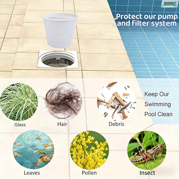Pool Skimmer Basket 8 Inch Pool Filter Basket with Handle (Set of 2), Plastic Replacement Skimmer basket for Inground Pool Remove Leaves Debris, Fits Most Hayward Pentair Pool Skimmers (White)