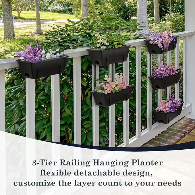 OYEAL Railing Planter Box Black Hanging Window Boxes Planter with Adjustable Brackets, Outdoor Set of 2 Deck Rail Planters with 6 Detachable Plastic Flower Pots for Garden Fence, Patio, Windowsill