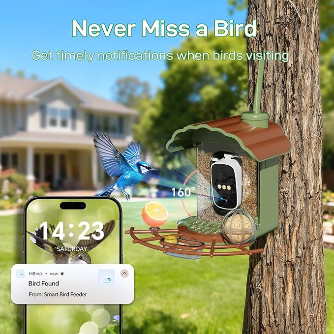 Smart Bird Feeder with Camera: Hummingbird Feeder with Solar Powered for Outdoors, Bird House with 2K HD Video & AI Bird Species Identification, Arrival Alerts, Gift for BirdLovers - Green