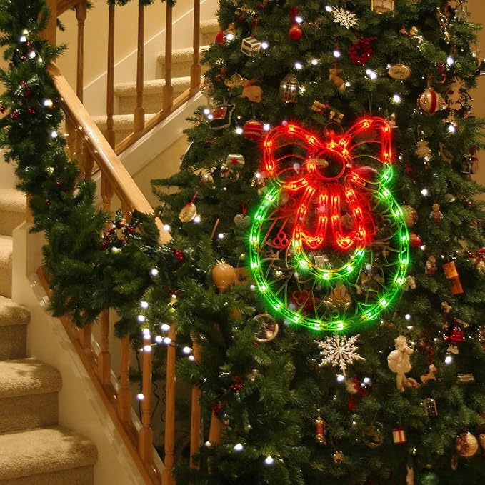 Christmas Window Silhouette Lights, Lighted Wreath Double Sided Decorations with 50 Count Incandescent Mini Light, for Holiday Indoor Wall Door Glass Decor
