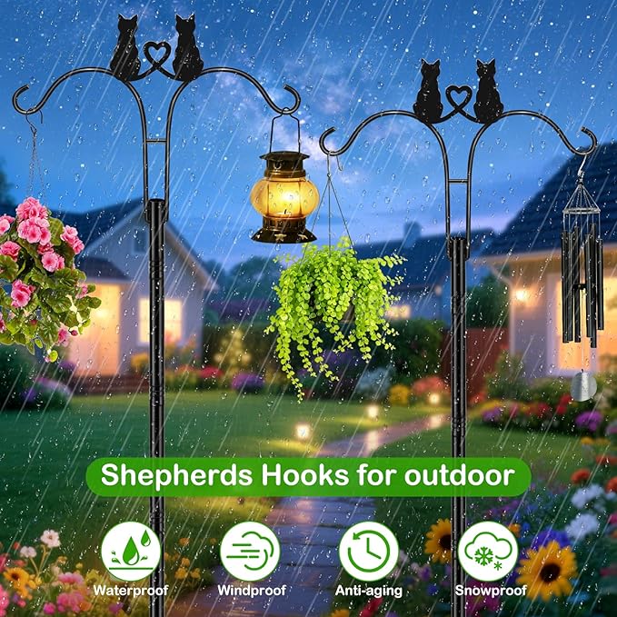 Double Shepherds Hooks for Outdoor, 2 Pack 78 Inch Bird Feeder Pole with 5 Prongs Base, Adjustable Heavy Duty Plant Hangers Cat Art for Outdoor Plants Hummingbird Feeder Hanging Basket Lantern