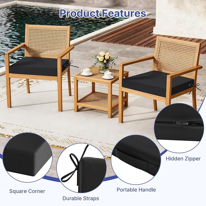 Outdoor Chair Cushions Set of 4 for Outdoor Patio Furniture, Waterproof Patio Seat Cushions with Handle & Ties, 3 Year Color Fastness Square Garden Sofa Couch Pads, 19" x 19" x 3", Black
