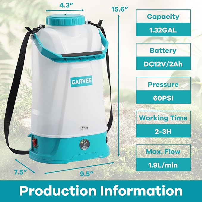1.32 Gallon Battery Powered Sprayer with Adjustable Shoulder Strap, 0-60 PSI Adjustable Pressure, Electric Sprayer with 1 Nozzles and 1 Wands, 12V 2Ah Battery, Wide Mouth Lid for Weeding, Spraying