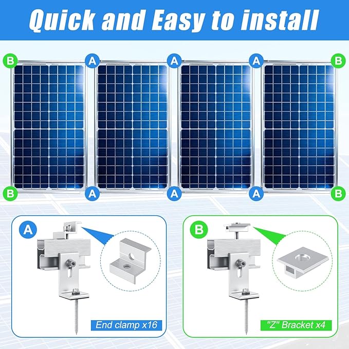 40 Pcs Solar Panel Mounting Brackets Kit for 1-18 Pieces Adjustable Aluminum Alloy Mounting Stand Support Photovoltaic Flat Pitched Roof Bracket for Slate, Tile, Cement, Wooden, Tin Roof