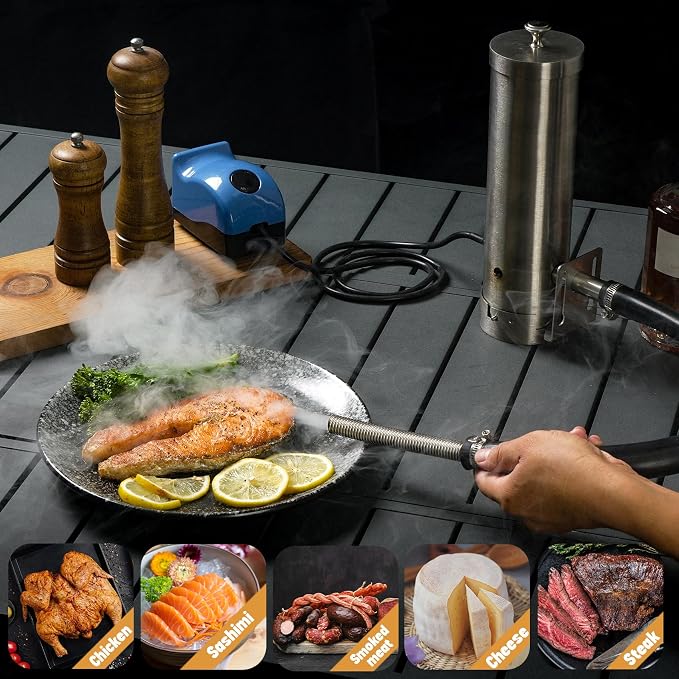 Cold Smoke Generator with Lid & Air Pump, Portable Electric BBQ Smoker, Wood Pellets Outdoor Smoker, Grill Accessory Barbecue Tools for Meat Vegetable, Hot & Cold Smoking, Stainless Steel