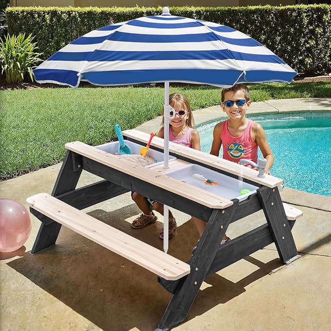 Kids 3-in-1 Sand & Water Table, Wood Outdoor Convertible Picnic Table w/Umbrella, 2 Trays, Removable Top with Faucet, Picnic Table for Outdoor Playset (Black/Navy)