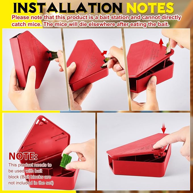 Qualirey 12 Pcs Mice Station with Key Triangle Mouse Station Lockable Reusable Bait Box, Enclosed Design for Indoor and Outdoor Use, Suitable for Small Mice (Red)