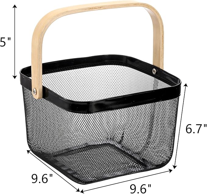 ZEAYEA Mesh Steel Fruit Basket Bin with Handle, Multi-functional Hanging Storage Organizer Garden Harvest Basket, Metal Wire Kitchen Basket for Cabinet, Pantry, Bathroom, Picnic, Home Decor, Black