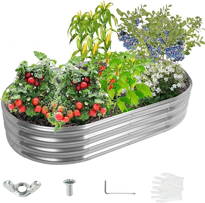 YSEJOMP 5X2.7X1 FT Oval Galvanized Metal Garden Raised Bed/Plant Box for Planting,32 Inches Diameter Iron Fire Pit Ring,Small Animal Fence-3 in 1 Modular Design in Black (Silver, 60X32X11.5 Inches)