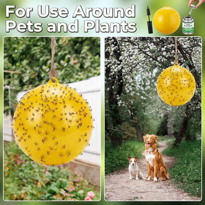 2 Pcs Large Fly Trap Balls Hanging Fruit Fly Traps Outdoor Adhesive Insect Balls with Sticky Coating Glue Air Pump Insect Catch Sticky Bug for Farm Orchard Hornet Deerflies Mosquito (Yellow)