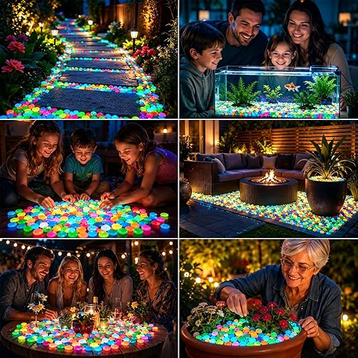 1000Pcs Glow in The Dark Stones Outdoor, Mixed Colors for Landscaping | Mixed Color,Glow in The Dark for Garden & Fish Tank,Non-Toxic Resin,Rechargeable by Sunlight
