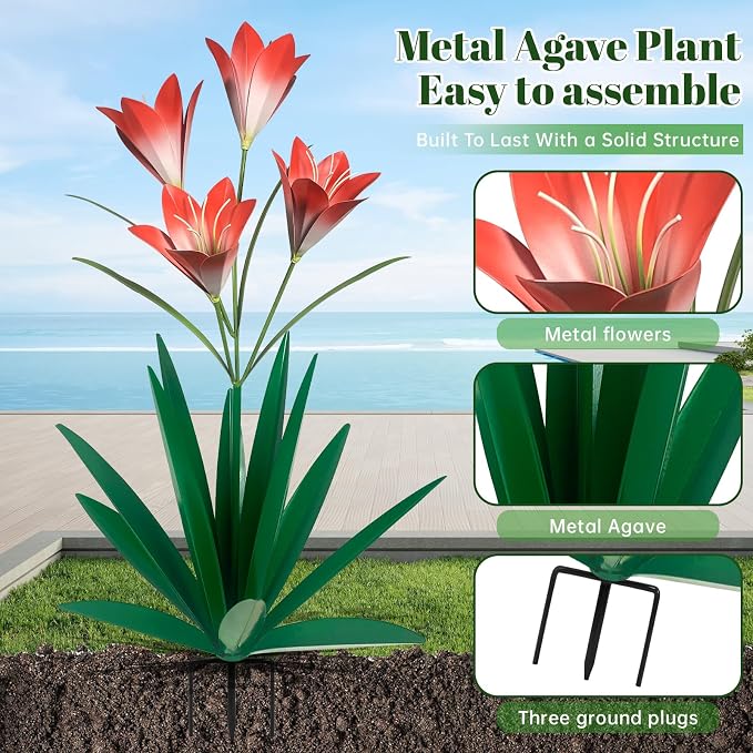 TOMBABY 32.28 Inch Metal Agave Plant Outdoor Decoration Lily Mexican Yard Art Garden Gift Home Decor Hand Painted Metal Agave Garden Yard Statue (1pc, Green)