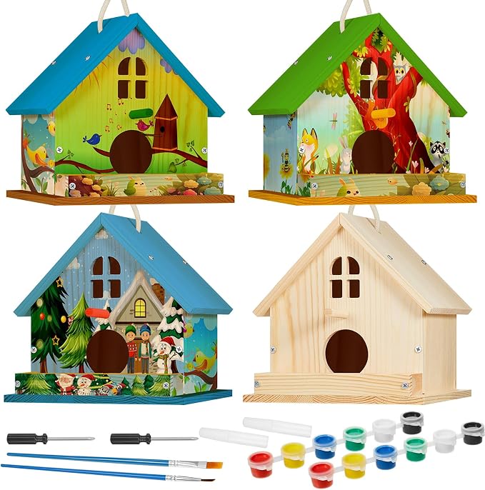 Juexica 4 Pack DIY Birdhouse Kits for Kids Ages 6+ Build and Paint Wooden Bird House Arts and Craft Project with Paint Strips Brushes for Boy Girl Adult Classroom Indoor Outdoor Crafts (Window)