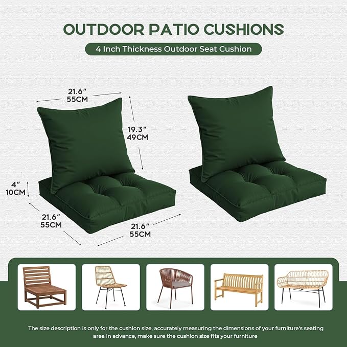 Waterproof Outdoor Chair Cushions Set of 2, Patio Cushions for Outdoor Furniture Water-Resistant & Fade-Resistant, Deep Seat & Back Cushion for Wicker Sofa, 22x22 Inch (Green)