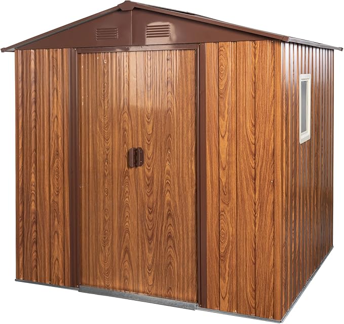 Outdoor Metal Storage Shed 6FT x 6FT, Galvanized Steel Frame Garden Shed, Sliding Lockable Doors, 4 Vent System, Weather-Resistant Metal Storage House with Foundation Kit, Shelf & Hooks, Coffee