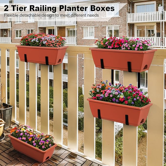 Railing Planter Box 4 Pack Window Boxes Planters 16.9 Inch Rectangular Planter with Adjustable Brackets 2 Tier Outdoor Balcony Hanging Planters Set of 2 for Railings Garden Porch Patio, Brick Red
