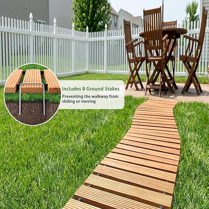 Wooden Garden Pathway Outdoor Walkway - 8 FT Roll Out Outdoor Pathway with Ground Stakes, Boardwalk Pavers for Outside Walkway, Non-Slip Garden Path for Backyard Decor, Lawn Landscaping, Natural
