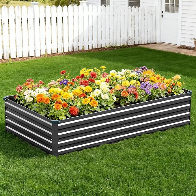Vengarus 2 Pack 12x4x1FT Galvanized Raised Garden Bed Kit, Outdoor Metal Planter Box for Vegetables, Rectangular Steel Container, Easy Assembly (Black)