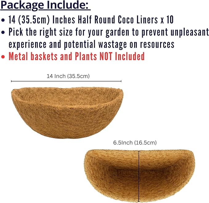 LaLaGreen 14" (10 Pack, Half Round) Coco Liners for Wall Planter–Bulk Medium Coconut Husk Replacement for Outdoor Window Box, Hanging Basket, Holder-Also Available in 10/12/16’’ & Different Shapes