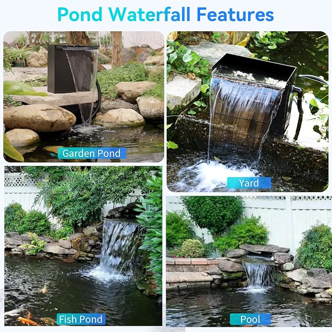 POPOSOAP 70W Pond Waterfall Spillway with Pond Pump, 304 Stainless Steel Waterfall Kit with 9.8FT Corrugated Tube Pond Waterfall Box, Pond Spillway for Outdoor Pond Waterfall Water Features-P5703H