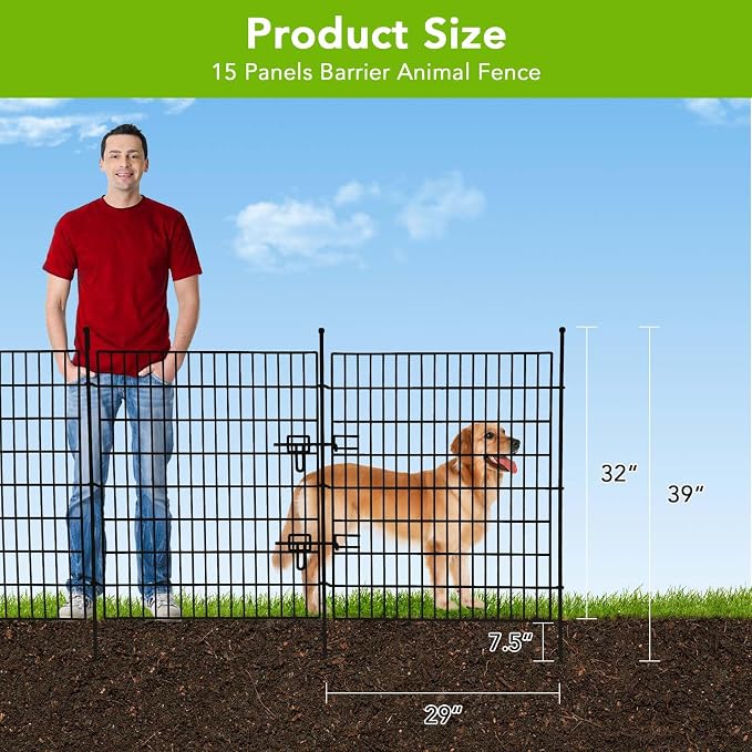 15 Panels No Dig Decorative Garden Fence with Gate,32 in(H) X 35.4 ft(L) Animal Barrier Fencing,Rustproof Metal Temporary Fencing for Garden, Patio, Flower