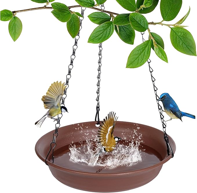 VUWEZ Hanging Bird Bath, Hanging Bird Water Feeder for Outdoors, Feeder Bowl, 1 Pack Birdbath Tray Accessories for Outside, Plastic Birdbaths Tray for Garden Patio Decoration (8", Chocolate)