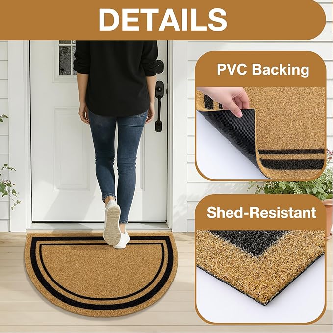 OLANLY Half Circle Front Door Mat, Low Profile Doormat, Stain and Fade Resistant, Easy to Clean, for Indoor and Outdoor Entrances, Patio Porch or Entryway, Brown (35x23 Inch, Classic Border)