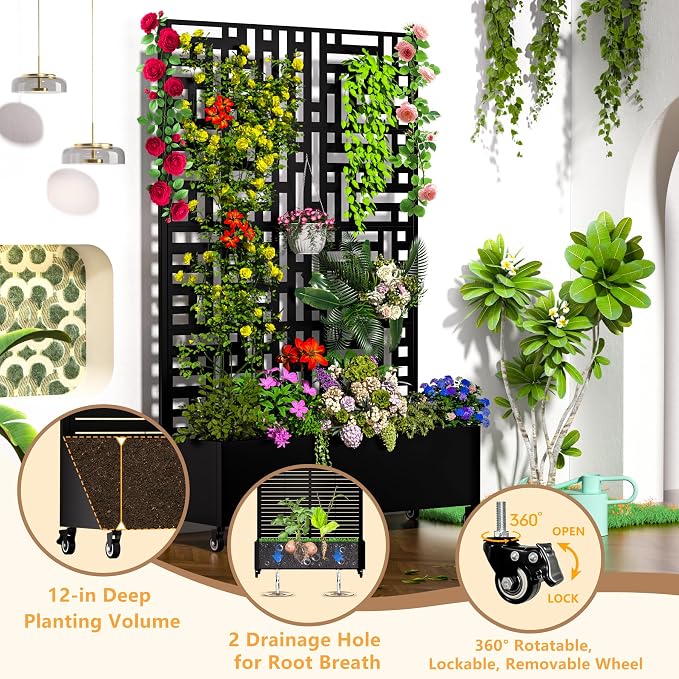 MTART Metal Planter Box with Trellis, 72.1"x47.2"x16" Outdoor Galvanized Raised Garden Bed with Privacy Screen & Drainage Holes & Lockable Casters for Climbing Plants, Vegetable (Street-Black1)