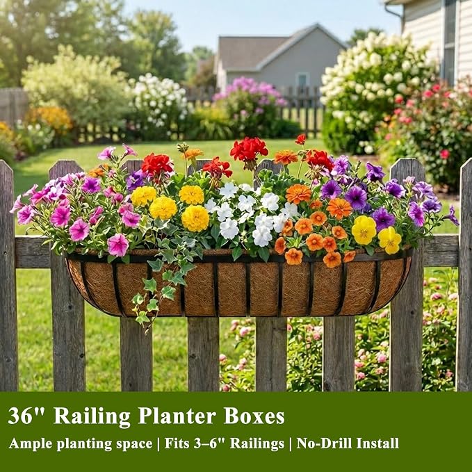 36 Inch Railing Planter Boxes 2 Pack Metal Window Box Planters with Coco Coir Liners, Horse Trough Planter with Adjustable Brackets for Deck Balcony Fence Porch Patio Outdoor Garden
