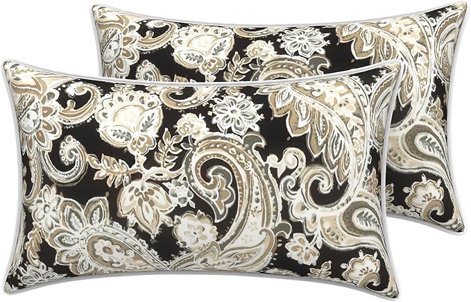 LVTXIII 2 Pack Outdoor Lumbar Pillow Covers 12x20 Inch with Piping, Water-Repellent Back Cushion Covers ONLY for Patio Furniture, Sofa, Garden Bench, Paisley Black
