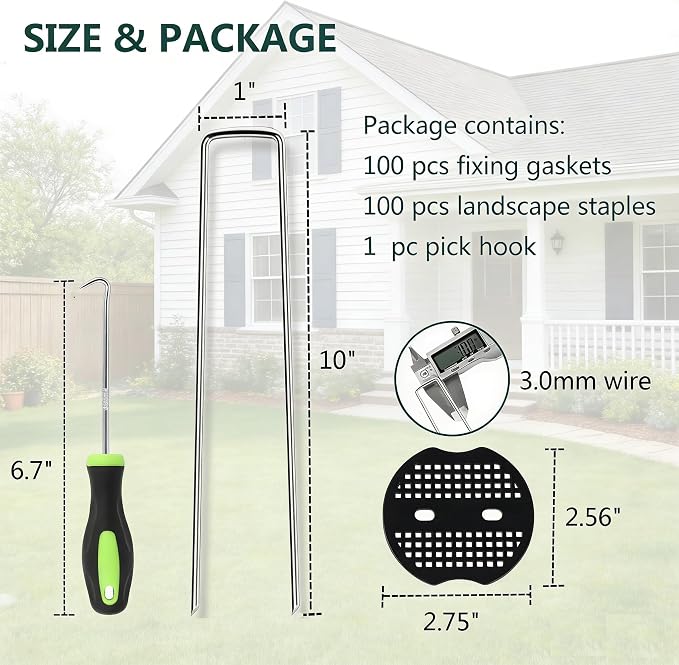 10 Inch 100 PCS Galvanized Landscape Staples with 100 PCS Gasket, Landscape Fabric Pins Stakes Lawn Ground Cover Graden Staples Spikes Weed Barrier Stakes